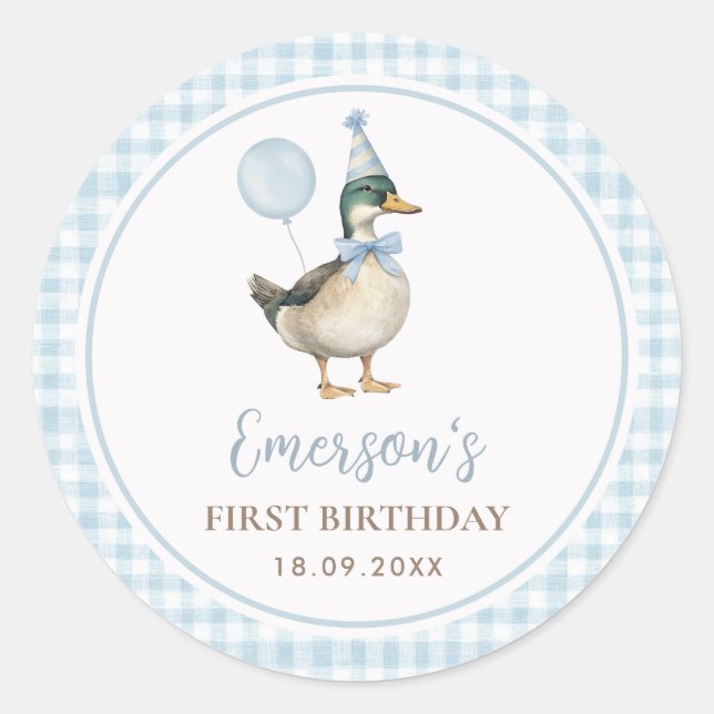 One Lucky Duck Baby Blue Balloon 1st Birthday Classic Round Sticker (Front)