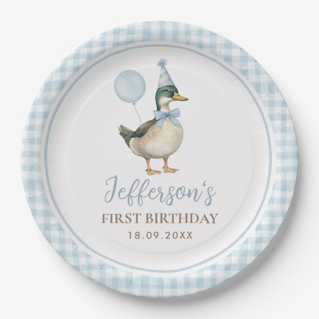 One Lucky Duck Baby Blue Balloon 1st Birthday Paper Plates (Front)