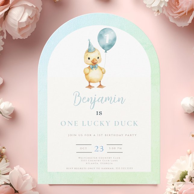  One Lucky Duck Balloon 1st Birthday Invitation (Creator Uploaded)