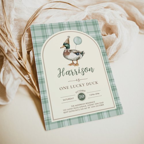 One Lucky Duck Balloon Green Gingham 1st Birthday