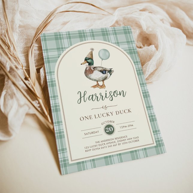 One Lucky Duck Balloon Green Gingham 1st Birthday Invitation (Creator Uploaded)