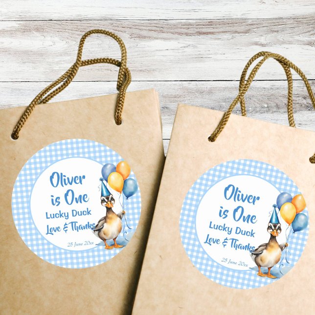 One lucky duck blue gingham birthday favor classic round sticker (One lucky duck blue gingham birthday party thank you favor sticker cute mallard duck favors)