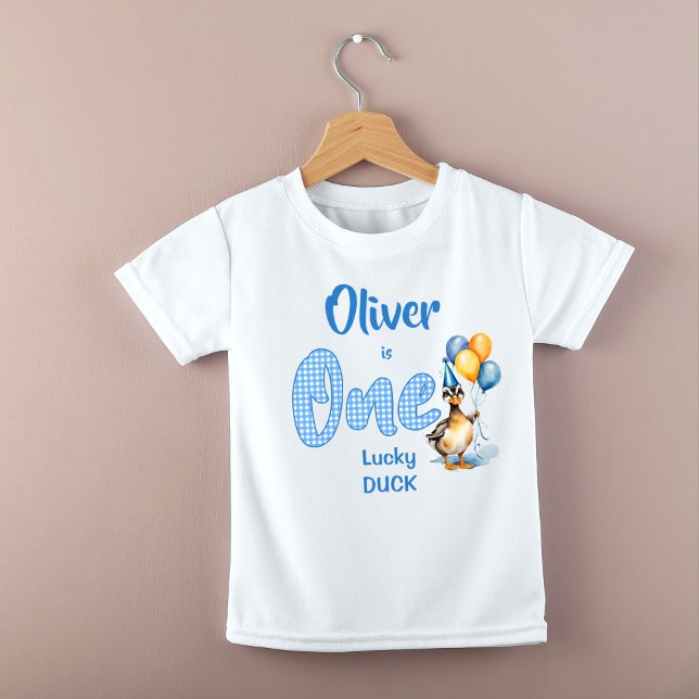 One lucky duck blue gingham birthday printed baby T-Shirt (One lucky duck blue gingham birthday printed baby T-Shirt birthday photo props )