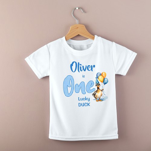 One lucky duck blue gingham birthday printed baby T_Shirt