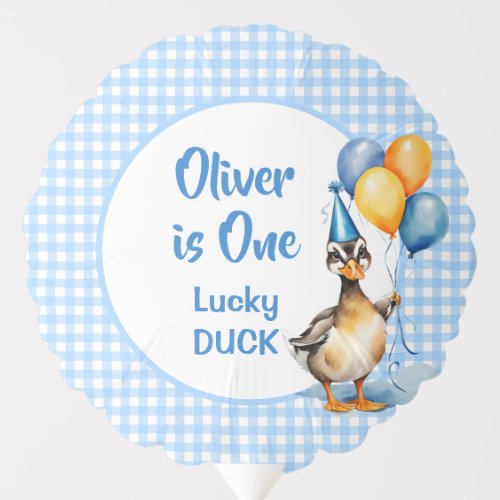 One lucky duck blue gingham birthday printed balloon