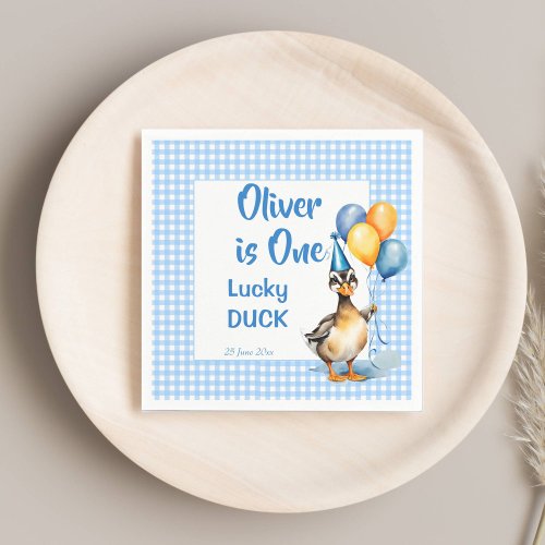 One lucky duck blue gingham birthday printed napkins