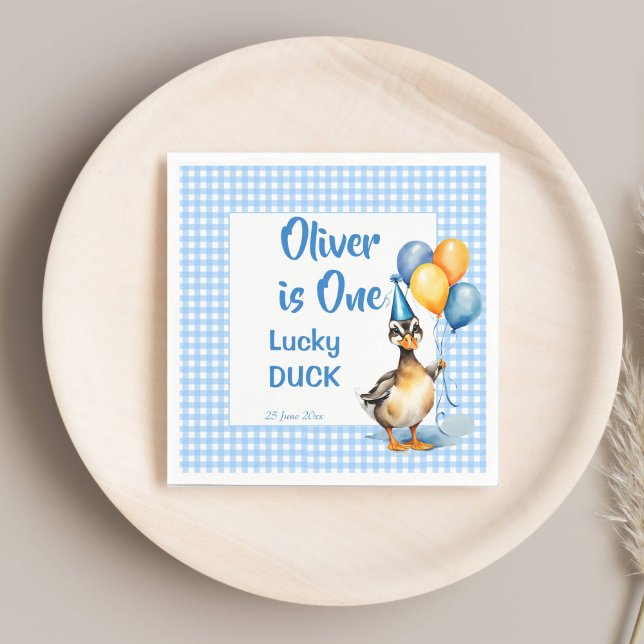 One lucky duck blue gingham birthday printed napkins (One lucky duck blue gingham birthday party printed napkins template cute mallard duck balloons)