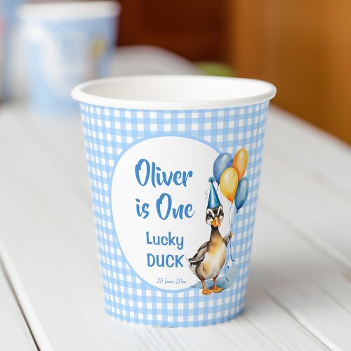 One lucky duck blue gingham birthday printed paper cups