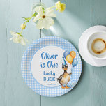 One lucky duck blue gingham birthday printed paper plates<br><div class="desc">One lucky duck blue gingham 1st birthday party printed paper plates template ,  cute mallard  duck with a party hat and balloons   with soft pastel blue gingham border for boys 1st birthday party personalized tableware table decor printed party plates</div>