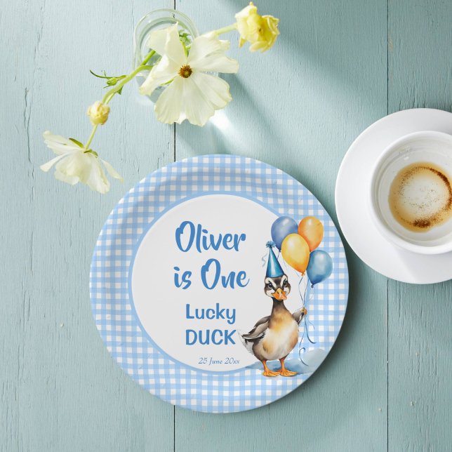 One lucky duck blue gingham birthday printed paper plates (One lucky duck blue gingham birthday party printed paper plates personalized tableware mallard duck)