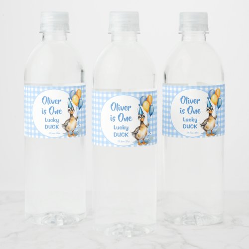 One lucky duck blue gingham birthday printed water bottle label