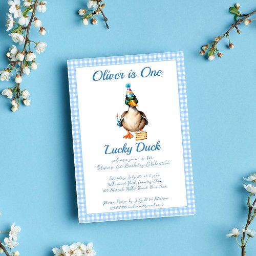 One lucky duck blue gingham birthday template