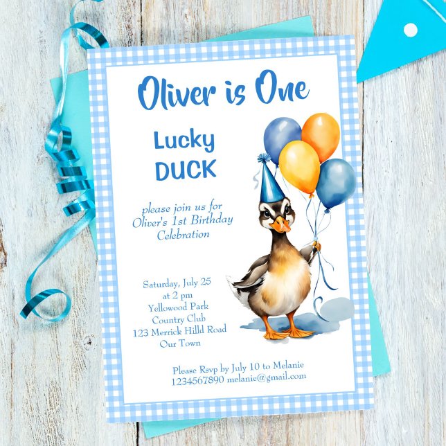 One lucky duck blue gingham birthday template (One lucky duck blue gingham birthday party invitation template digital download cute mallard duck)
