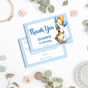 One lucky duck blue gingham birthday thank you card