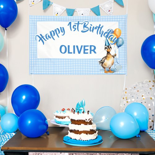 One lucky duck blue gingham happy birthday banner