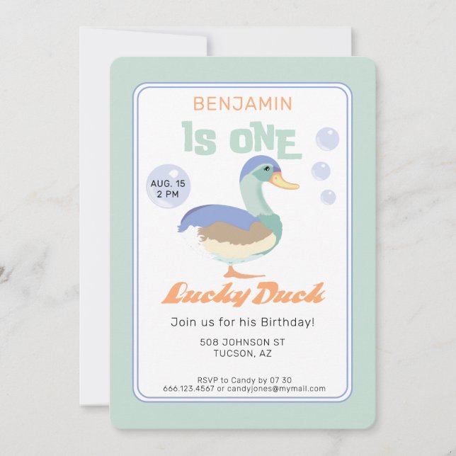 One Lucky Duck &  Bubbles First Birthday Pastel  Invitation (Front)