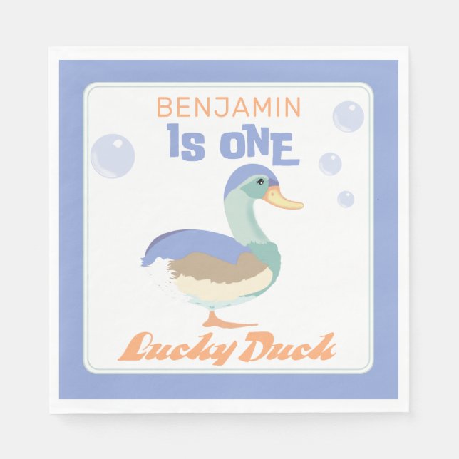One Lucky Duck &  Bubbles First Birthday Pastel  Napkins (Front)