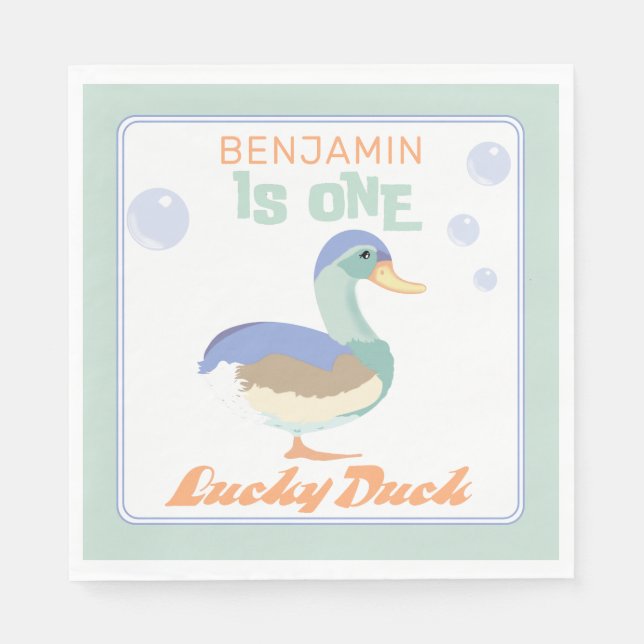 One Lucky Duck &  Bubbles First Birthday Pastel  Napkins (Front)