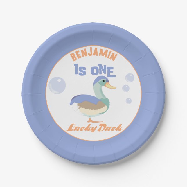 One Lucky Duck &  Bubbles First Birthday Pastel  Paper Plates (Front)