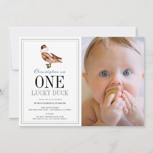 One Lucky Duck Classic Boy 1st Birthday Photo Invitation