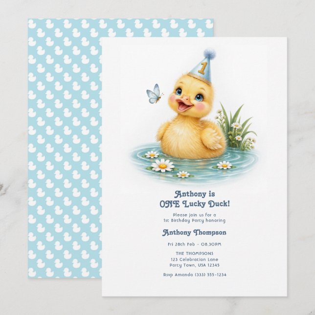 ONE Lucky Duck Cute Duckling Blue First Birthday Invitation (Front/Back)