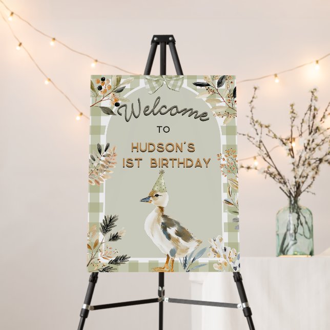 One Lucky Duck Cute Duckling Gingham 1st Birthday Foam Board (In Situ (Stand))
