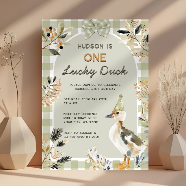 One Lucky Duck Cute Duckling Gingham 1st Birthday Invitation (Creator Uploaded)