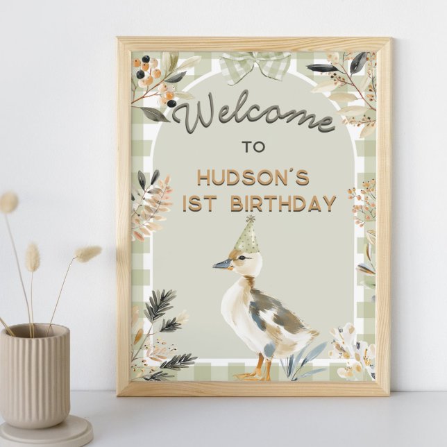 One Lucky Duck Cute Duckling Gingham 1st Birthday Poster (Creator Uploaded)