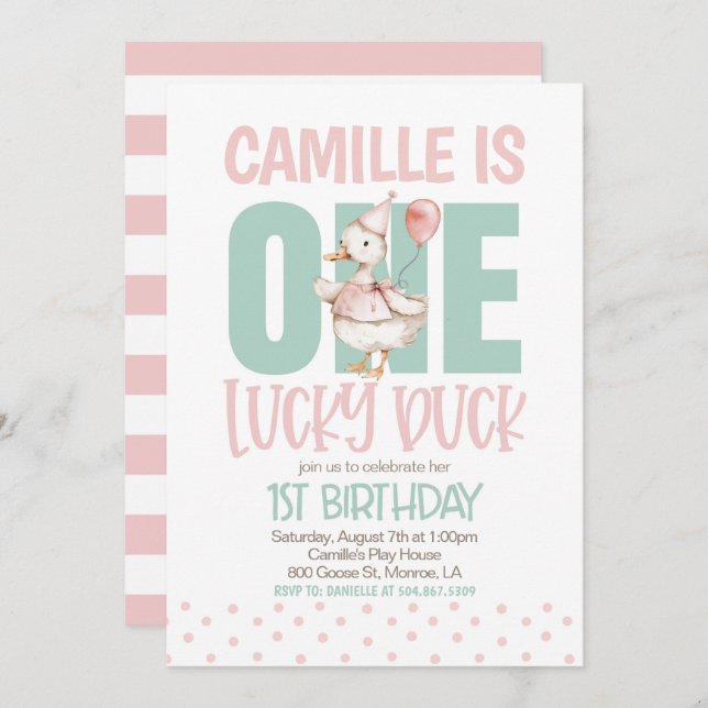 ONE Lucky Duck First Birthday Invitation (Front/Back)