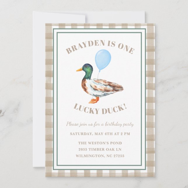 One Lucky Duck First Birthday Invitation (Front)