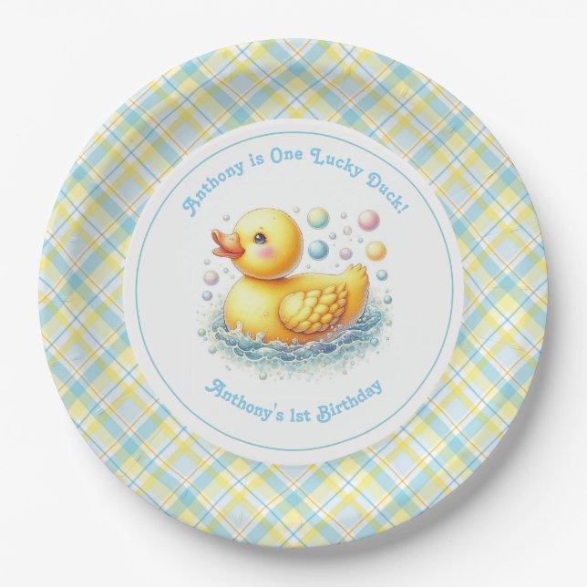One Lucky Duck First Birthday Party Paper Plates (Front)