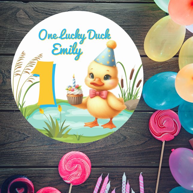 One Lucky Duck Girl 1st Birthday Party  Classic Round Sticker (Creator Uploaded)