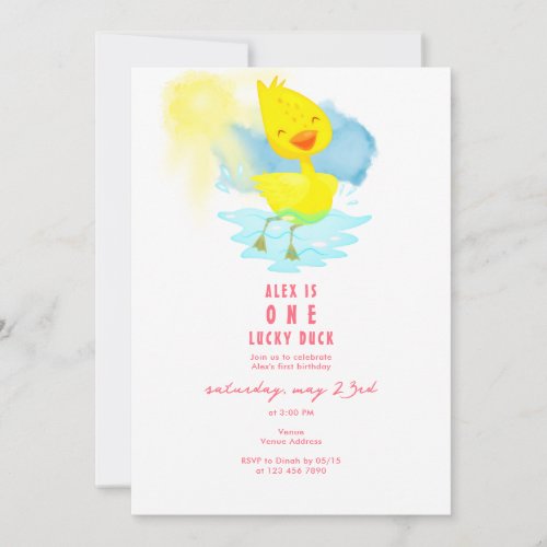 ONE Lucky Duck Girl 1st Birthday Party Watercolor Invitation