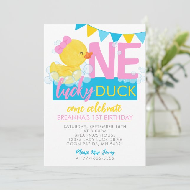 One Lucky Duck Girl Rubber Duck 1st Birthday Invitation (Standing Front)