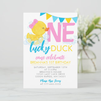 One Lucky Duck Girl Rubber Duck 1st Birthday Invitation
