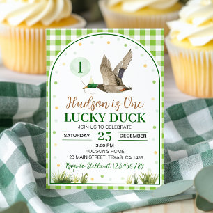 One Lucky Duck Green Gingham Birthday Invitation