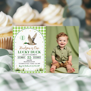 One Lucky Duck Green Gingham Birthday Photo Invitation