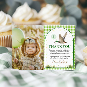 One Lucky Duck Green Gingham Birthday Photo Thank You Card