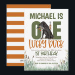 One Lucky Duck Hunting First Birthday Invitation<br><div class="desc">Celebrate your little one turning ONE with this adorable One Lucky Duck Hunting First Birthday Invitation, perfect for families who love the outdoors and rustic hunting themes. Featuring a playful duck‑hunting design with classic camouflage accents, this invitation is ideal for first birthdays, duck hunting parties, woodland themes, camo celebrations, and...</div>