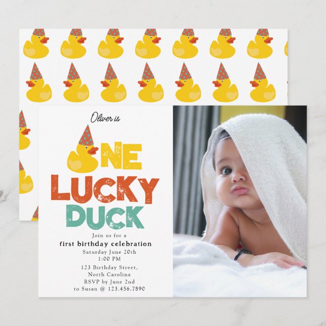One Lucky Duck Invite 1st  First Birthday Photo (Front/Back)