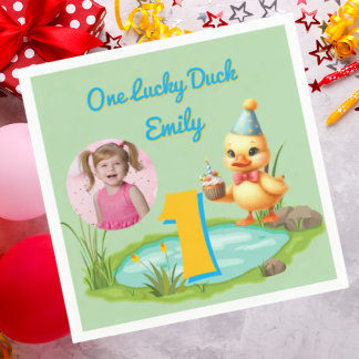 One Lucky Duck Kids 1st Birthday Photo Napkins