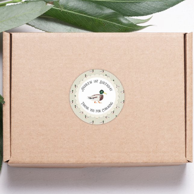 One Lucky Duck Mallard 1st Birthday Favor Classic Round Sticker (Creator Uploaded)