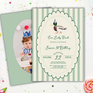 One lucky Duck Mallard Green Preppy Stripe Photo Invitation