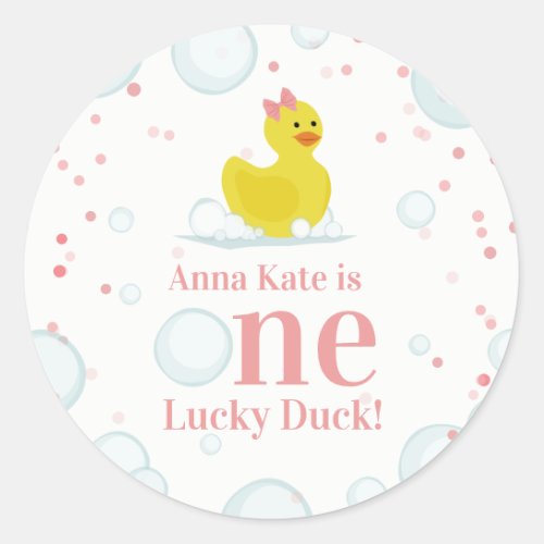 One Lucky Duck Pink First Birthday Party Classic Round Sticker