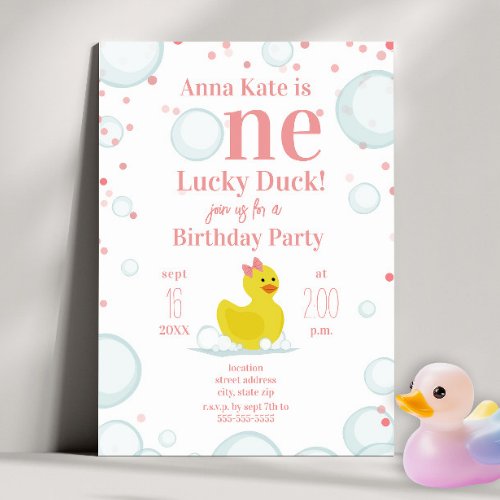 One Lucky Duck Pink First Birthday Party Invitation