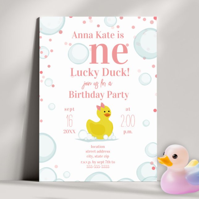 One Lucky Duck Pink First Birthday Party Invitation (Creator Uploaded)