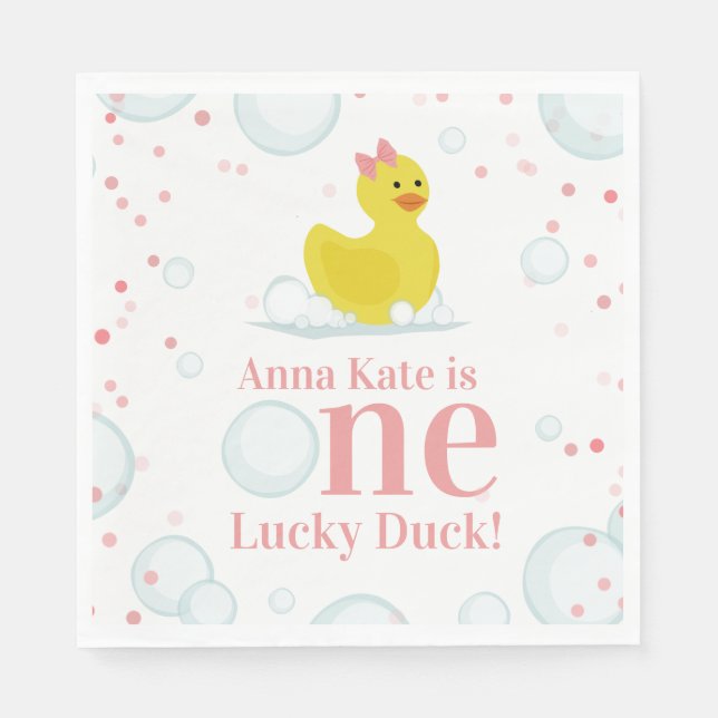 One Lucky Duck Pink First Birthday Party Napkins (Front)