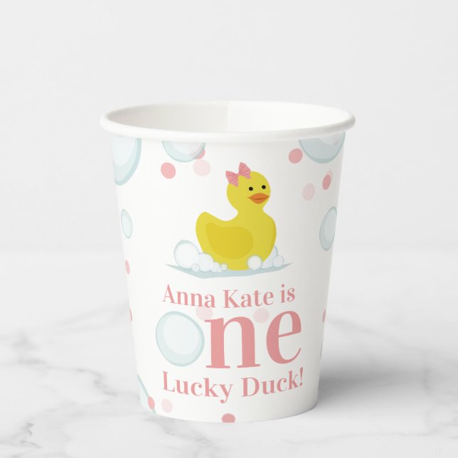 One Lucky Duck Pink First Birthday Party Paper Cups (Left)
