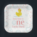 One Lucky Duck Pink First Birthday Party Paper Plates<br><div class="desc">"One Lucky Duck" first birthday party theme featuring rubber duck with pink bow surrounded by pink confetti,  bubbles and pink text.</div>