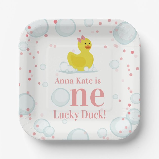 One Lucky Duck Pink First Birthday Party Paper Plates (Front)